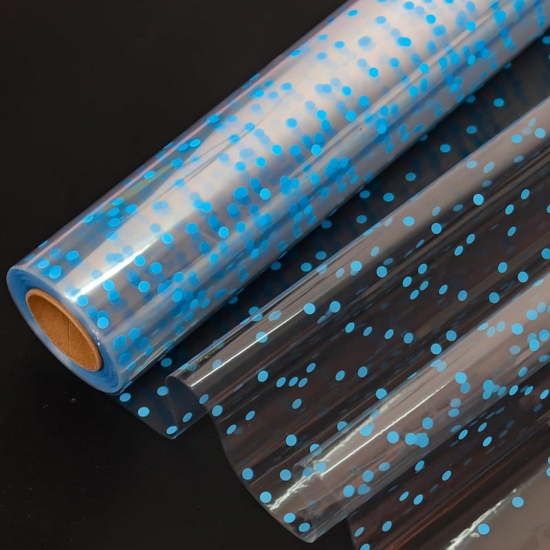 CMFYHM Clear Cellophane Wrap Roll (34" x 100’Ft) Blue Polka Dot Cellophane, Transparent Cellophane Wrap Roll for Treats, Gifts, Baskets, Flowers, Birthday Party,Easter, Christmas Decorations - Image 1